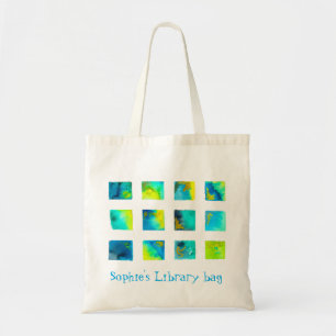 Watercolor cute squares blue library name tote bag