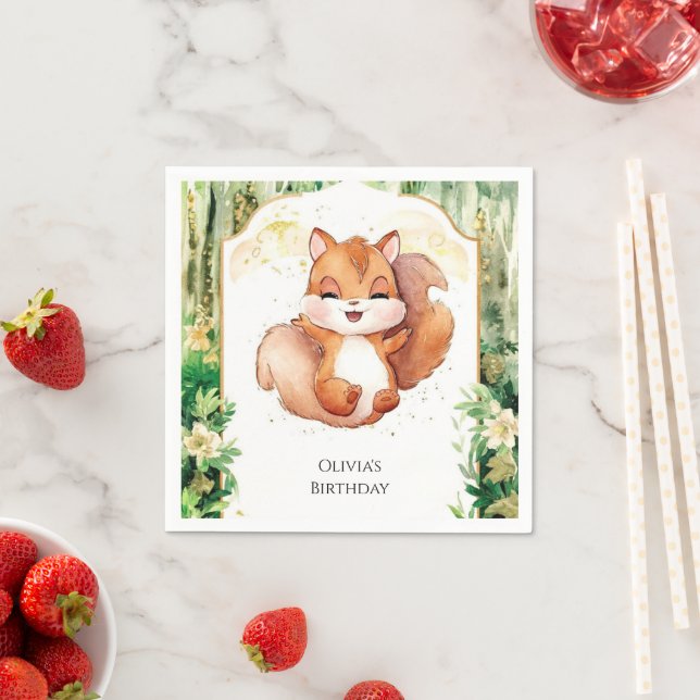 Watercolor Cute Squirrel Birthday Napkins (Insitu)