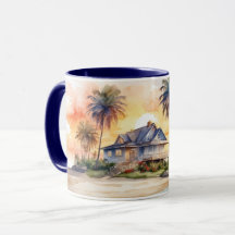 Watercolor Cute Sunset Beach and Cottage Mug