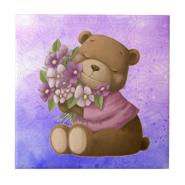 Watercolor Cute Teddy Bear Bouquet Garden Flowers Ceramic Tile (Front)