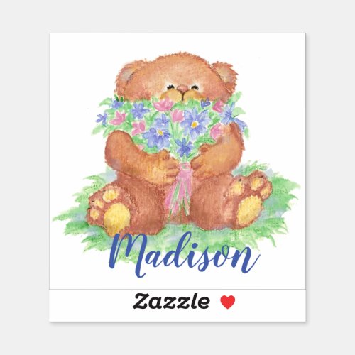 Watercolor Cute Teddy Bear Flowers art Custom Name Sticker