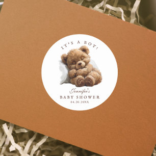 Watercolor Cute Teddy Bear Its A Boy Classic Round Sticker