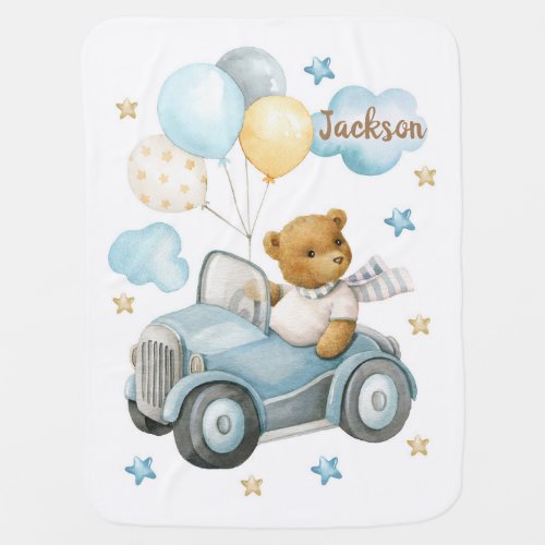 Watercolor cute teddy bear on the car Baby Blanket