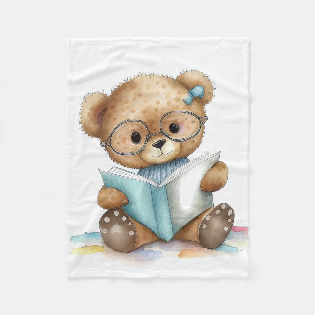 Watercolor Cute Teddy Bear Reading Books Library  Fleece Blanket (Front)