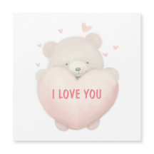 Watercolor Cute Teddy Bear With Heart - I LOVE YOU