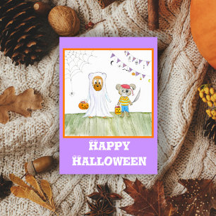 Watercolor Cute Teddy Bears Happy Halloween Card