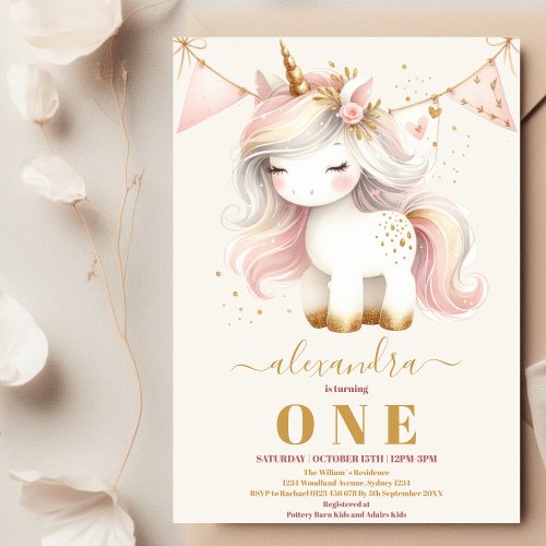 Watercolor Cute unicorn happy 1st birthday Invitation