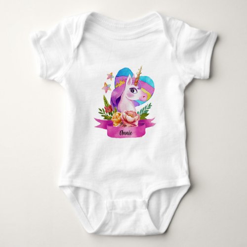 Watercolor Cute Unicorn Heart Custom Name Baby Bodysuit