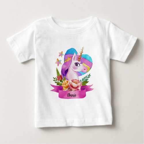 Watercolor Cute Unicorn Heart Custom Name Baby T_Shirt