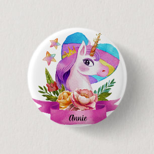 Watercolor Cute Unicorn Heart Custom Name Button