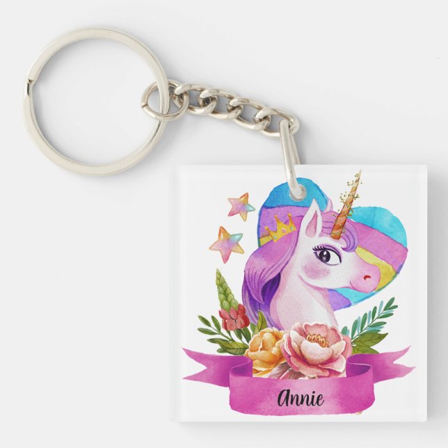 Watercolor Cute Unicorn Heart Custom Name Keychain (Front)