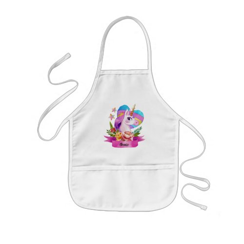 Watercolor Cute Unicorn Heart Custom Name Kids Apron