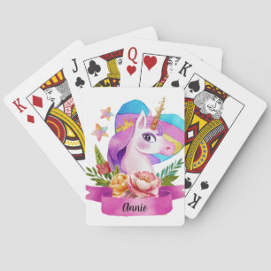 Watercolor Cute Unicorn Heart Custom Name Poker Cards