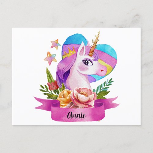 Watercolor Cute Unicorn Heart Custom Name Postcard