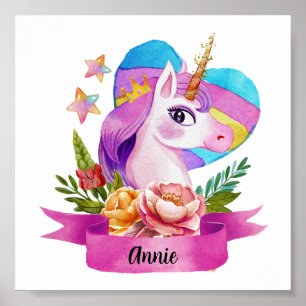 Watercolor Cute Unicorn Heart Custom Name Poster