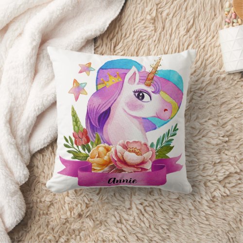 Watercolor Cute Unicorn Heart Custom Name Throw Pillow