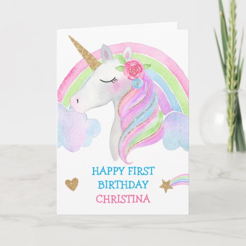 Watercolor Cute Unicorn Personalized Girl Birthday Card