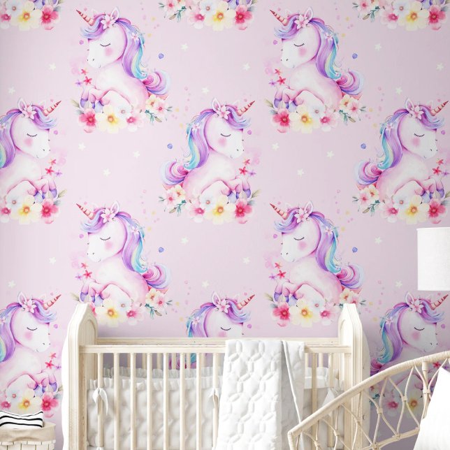 Watercolor Cute Unicorn Pink Purple Nursery Room Wallpaper (Watercolor Cute Unicorn Pink Purple Nursery Room Wallpaper)