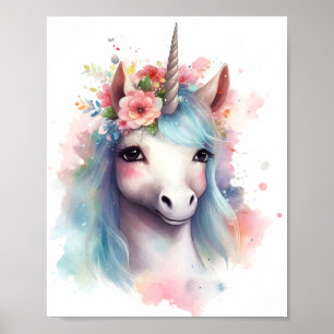 Watercolor Cute Unicorn With Blue Hair Poster