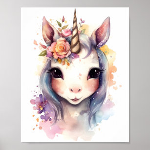 Watercolor Cute Unicorn With Colorful Flowers  Poster