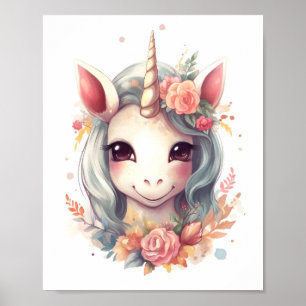 Watercolor Cute Unicorn With Flowers Portrait Poster