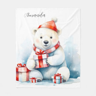 Watercolor Cute White Polar Bear Christmas Fleece Blanket
