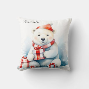 Watercolor Cute White Polar Bear Christmas Throw Pillow