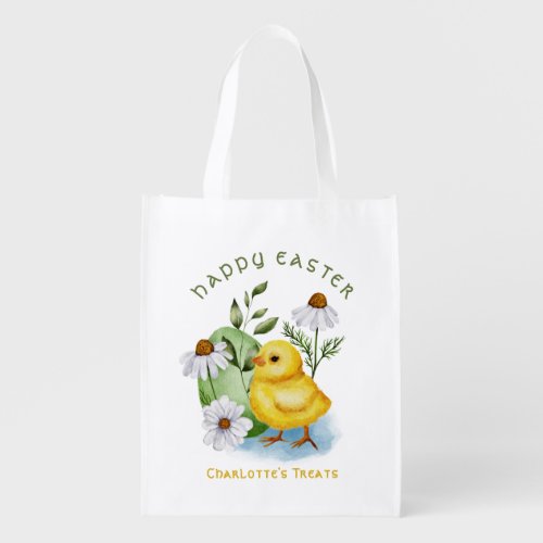 Watercolor Cute Yellow Chick Flowers Egg Hunt Grocery Bag