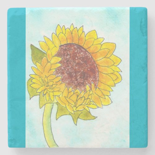 Watercolor Cute Yellow Sunflower Stone Coaster