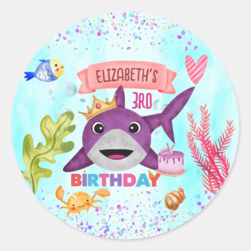 Watercolor Cutest Birthday Shark Birthday Party Classic Round Sticker