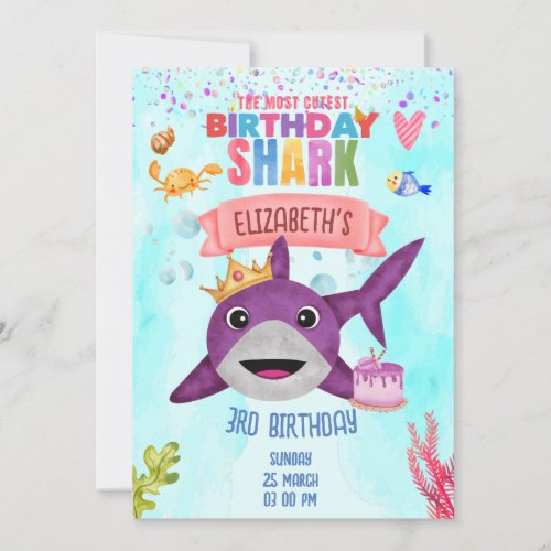 Watercolor Cutest Birthday Shark Birthday Party Invitation