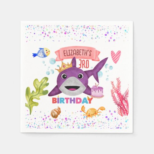 Watercolor Cutest Birthday Shark Birthday Party Napkins