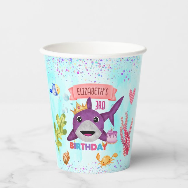 Watercolor Cutest Birthday Shark Birthday Party Paper Cups (Front)
