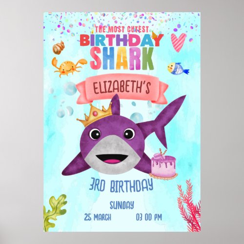 Watercolor Cutest Birthday Shark Birthday Party Poster