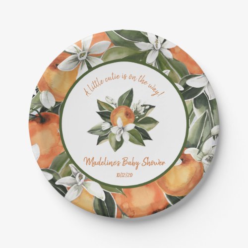 Watercolor cutie orange blossoms baby shower paper plates