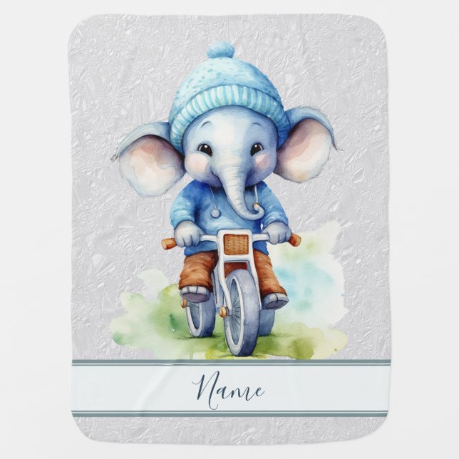 Watercolor Cycling Elephant Baby Blanket (Front)