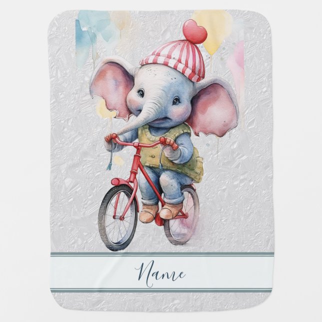 Watercolor Cycling Elephant Baby Blanket (Front)