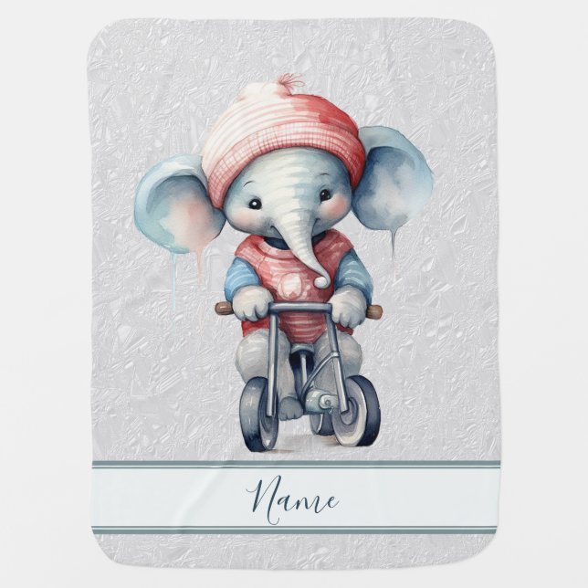 Watercolor Cycling Elephant Baby Blanket (Front)