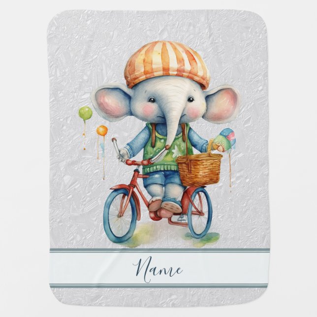 Watercolor Cycling Elephant Baby Blanket (Front)