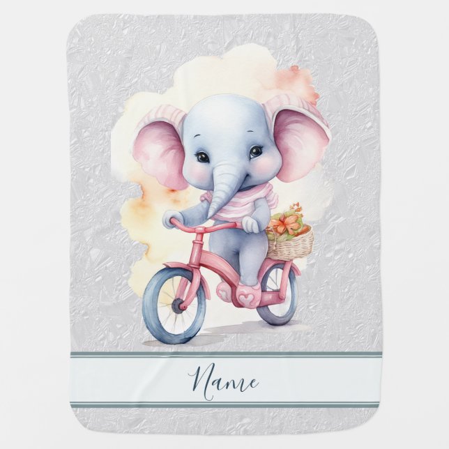 Watercolor Cycling Elephant Baby Blanket (Front)
