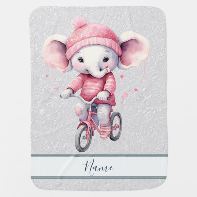 Watercolor Cycling Elephant Baby Blanket (Front)