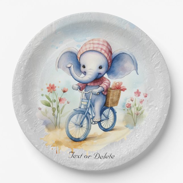 Watercolor Cycling Elephant Paper Plate (Front)