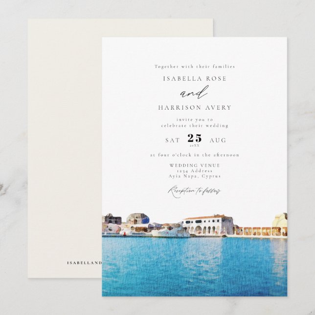 Watercolor Cyprus Skyline Beach Ocean Wedding Invitation (Front/Back)