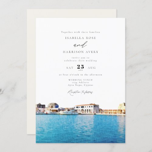 Watercolor Cyprus Skyline Beach Ocean Wedding Invitation