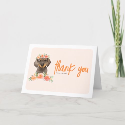 Watercolor Dachshund and Peach Flower Dog Birthday Thank You Card