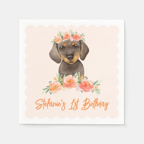 Watercolor Dachshund and Peach Flowers Birthday Napkins