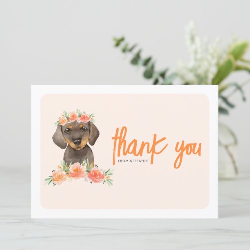 Watercolor Dachshund and Peach Flowers Birthday Thank You Card