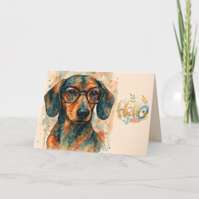 Watercolor Dachshund Hello Greeting Card (Front)