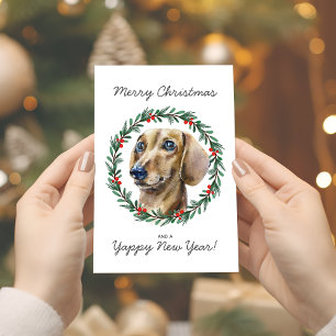 Watercolor Dachshund Holiday Wreath Christmas Card