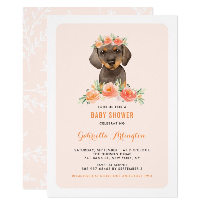 Watercolor Dachshund Peach Florals Baby Shower Invitation